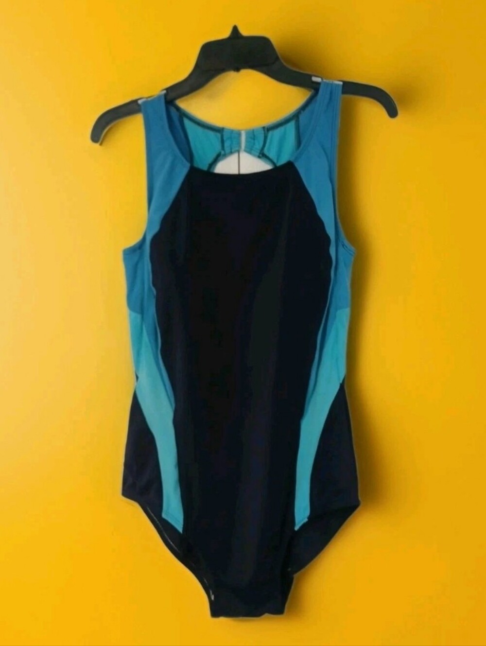 Inches Off One Piece Swimsuit 16W Navy With Tritone Blues Slimming Sides